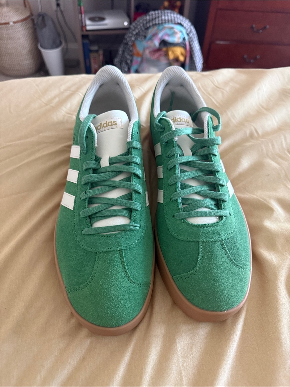 adidas Green Suede Sneakers with White Stripes and Gum Sole